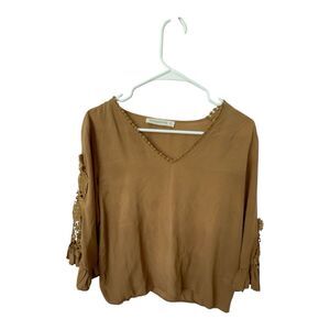 Rusty Dusty blouse Womens size Large Pullover brown lace 3/4 Sleeve Loose